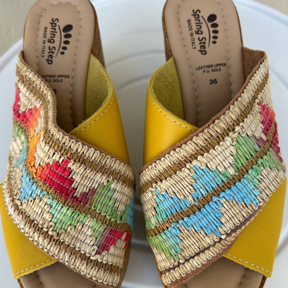 Spring Step Tribeca cross-band wedge sandals in the yellow multi color Size 36